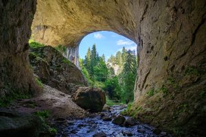 Natural rock arches at Chudnite Mostove (The Wonderful Bridges), a geological wonder in the Rhodope Mountains.